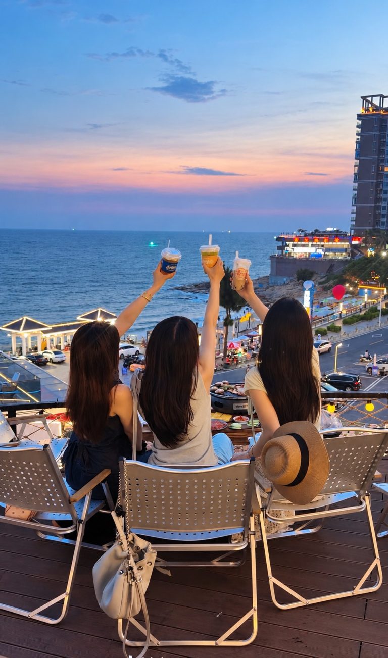 面向海景举杯的聚餐场景